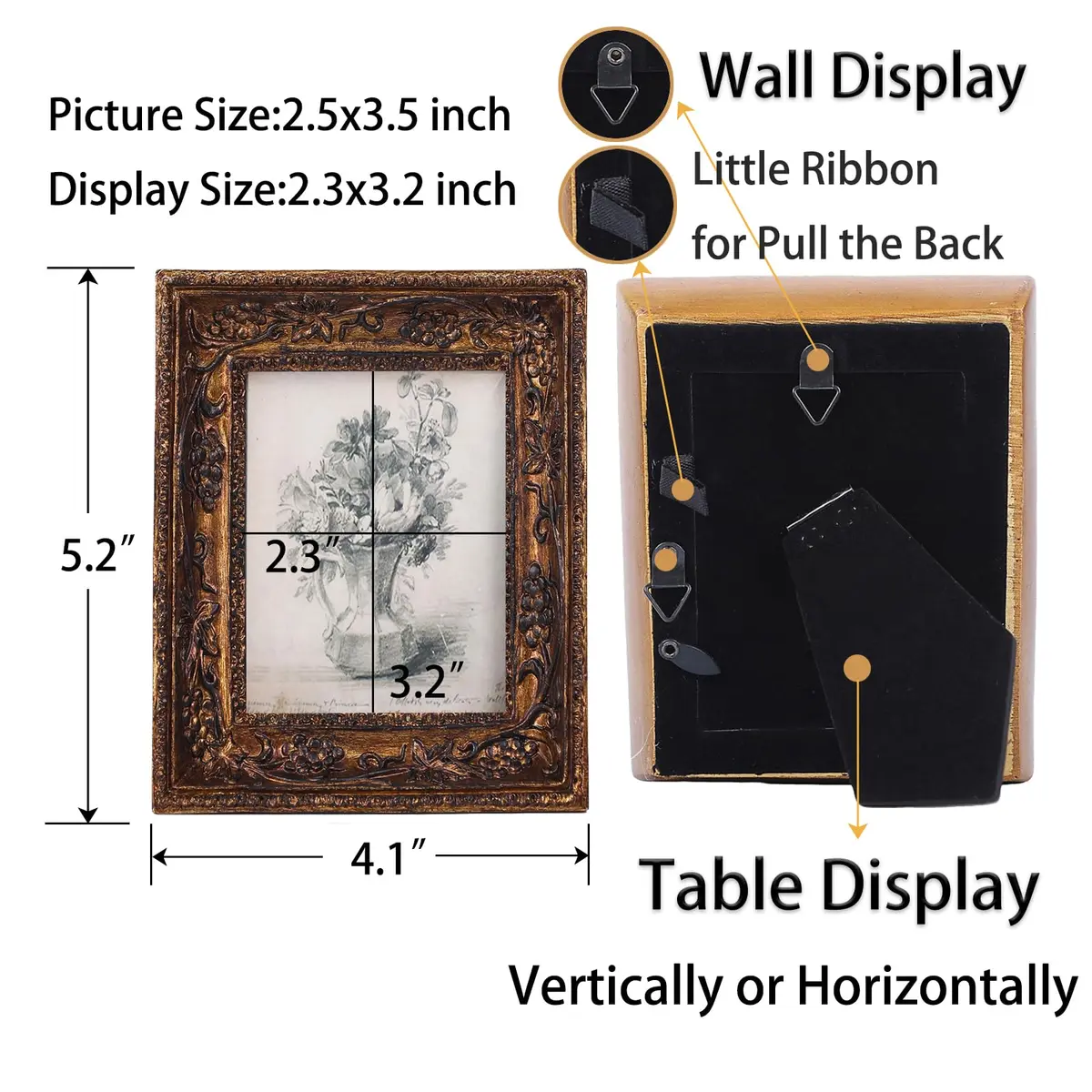 SIKOO Vintage Ornate Picture Frame 2.5x3.5 Inch (6.35x8.89 cm) | Hand-Carved Resin with Glass Front - view 2