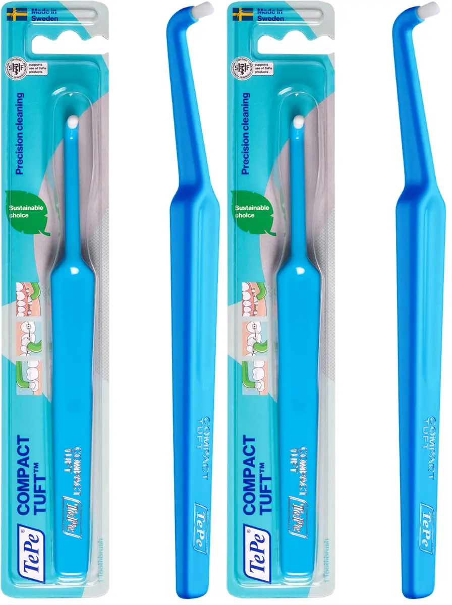 TePe Compact Tuft Toothbrush Single Tufted Brush End Orthodontic Toothbrush for Braces, Dental Implants, Denture Brush, Small Head, 2-Pack | Precision Cleaning for Hard-to-Reach Areas - main product image