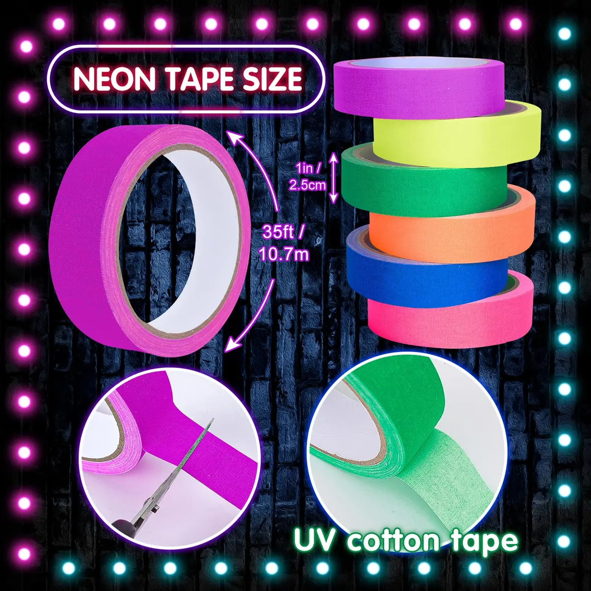 Whaline Neon Gaffer Cloth Tape 1 inch | Fluorescent Rainbow UV Blacklight Tape for UV Parties - view 2