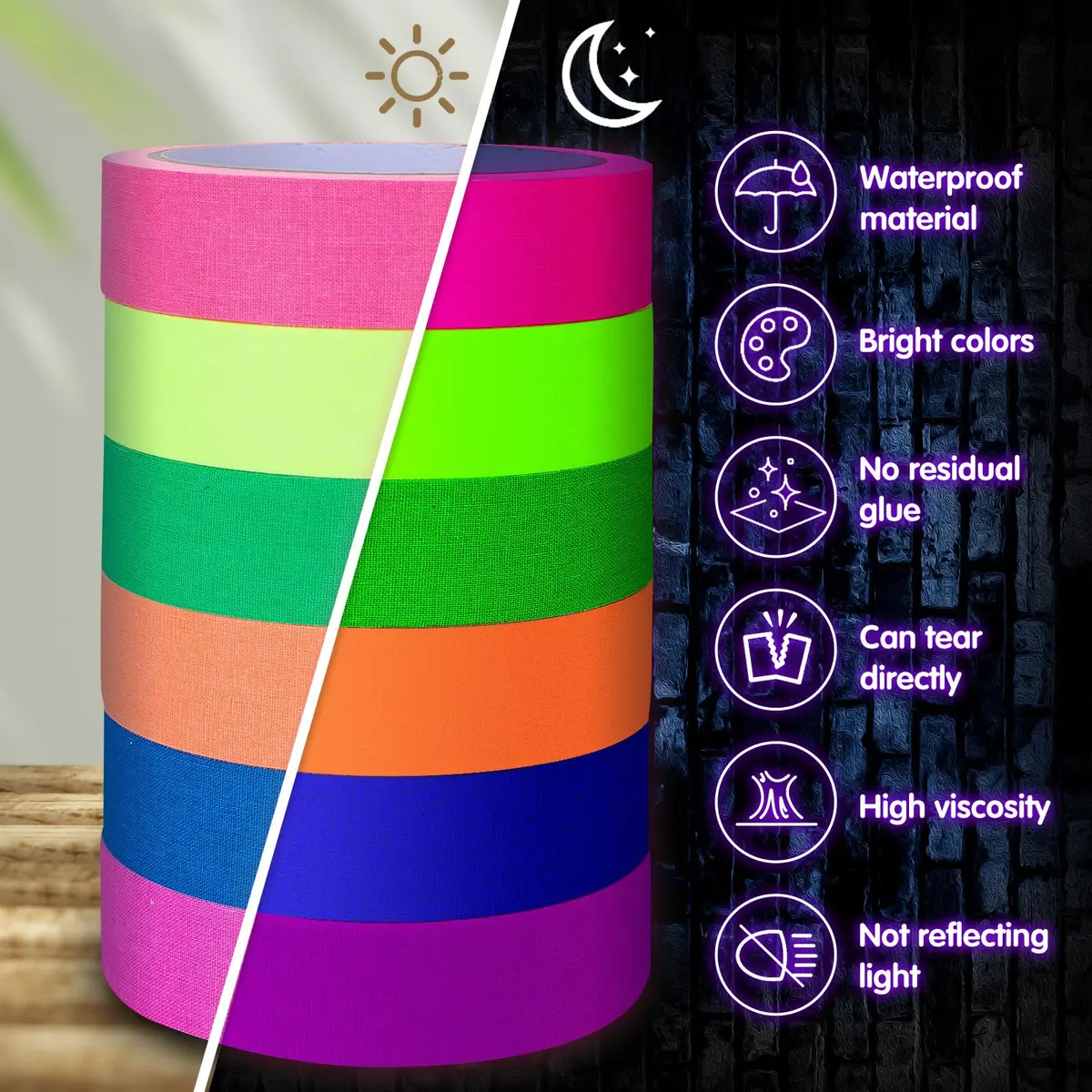 Whaline Neon Gaffer Cloth Tape 1 inch | Fluorescent Rainbow UV Blacklight Tape for UV Parties - view 3