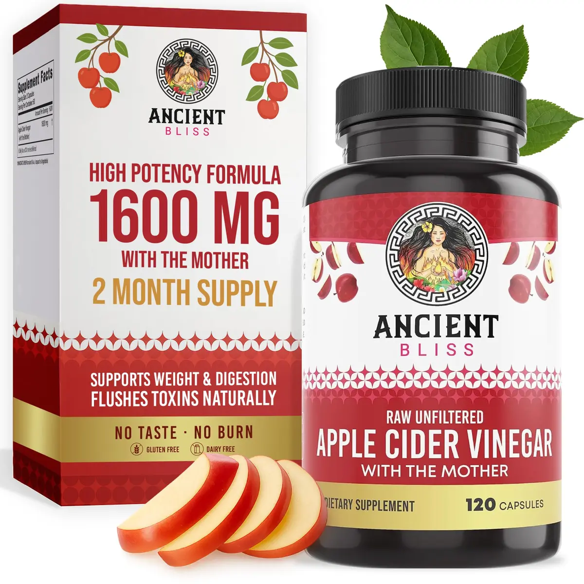 Ancient Bliss Apple Cider Vinegar Organic Capsules with The Mother | Supports Digestion & Weight Management (120 Capsules) - main product image