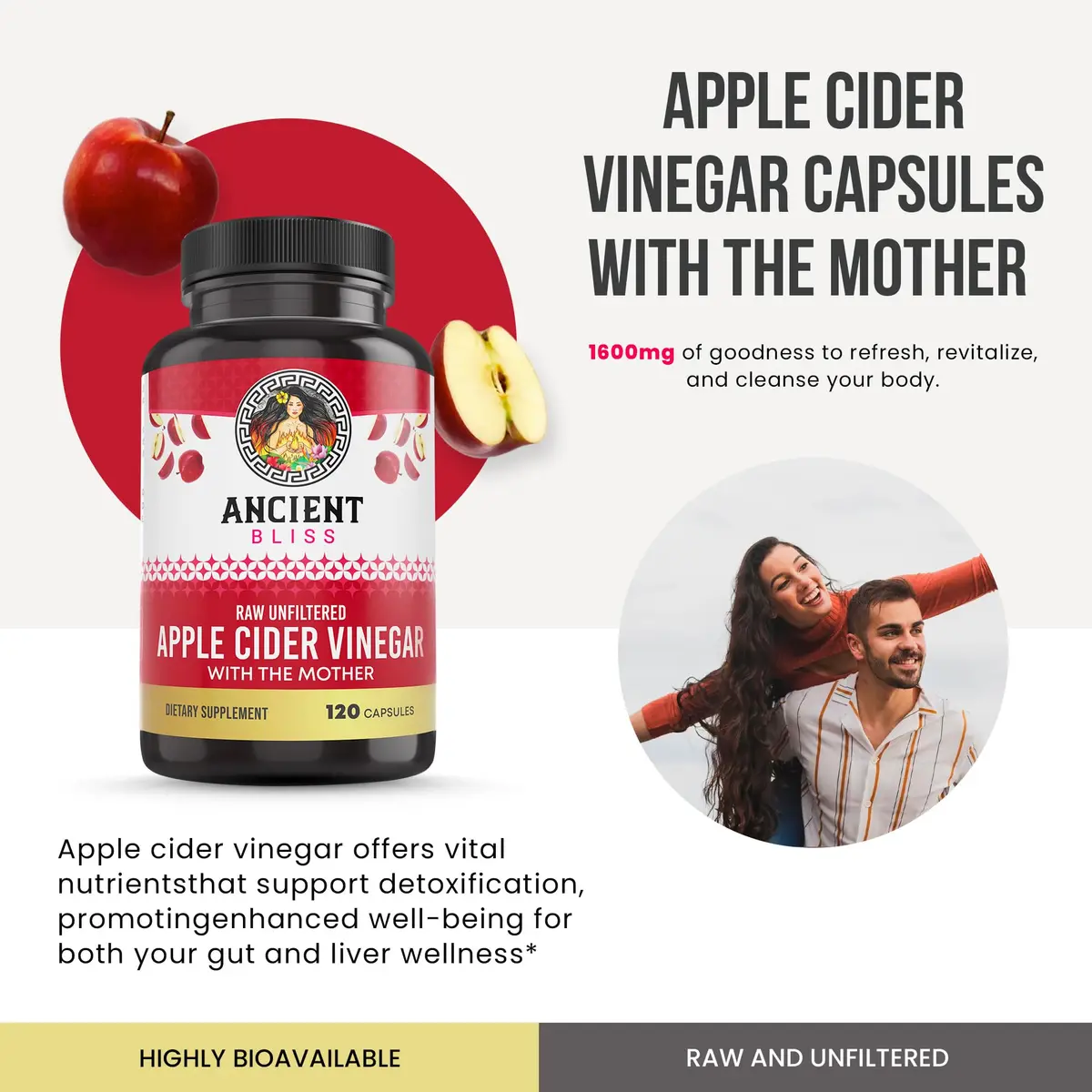 Ancient Bliss Apple Cider Vinegar Organic Capsules with The Mother | Supports Digestion & Weight Management (120 Capsules) - view 2
