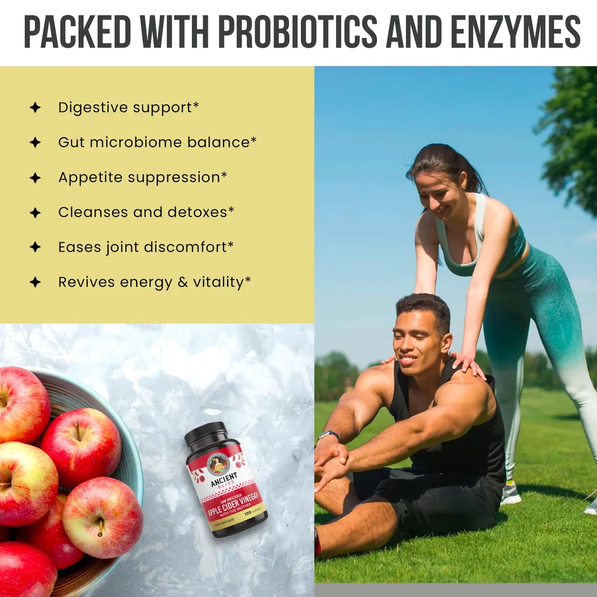 Ancient Bliss Apple Cider Vinegar Organic Capsules with The Mother | Supports Digestion & Weight Management (120 Capsules) - view 3
