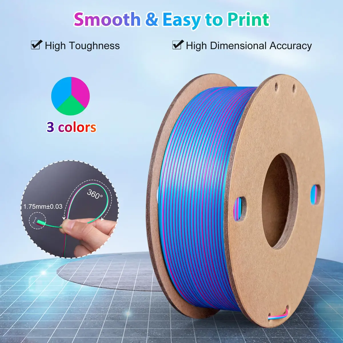 3Dgenius Silk Triple Color PLA Filament 1.75mm | Vibrant Multi-Color, Clog-Free, 250g Spool for Flawless 3D Prints - view 2