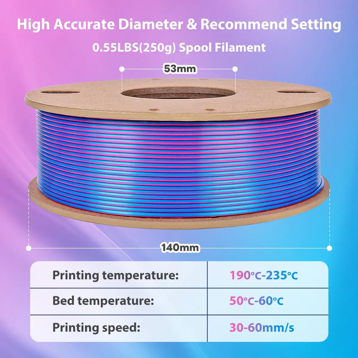 3Dgenius Silk Dual Color PLA Filament 1.75mm | Vibrant Multicolor 250g Spool for FDM 3D Printers - view 5