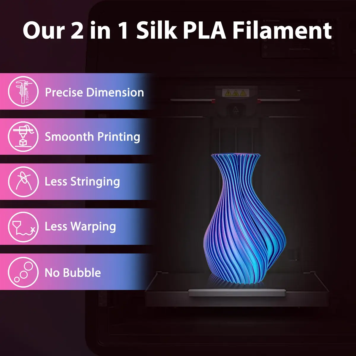 3Dgenius Silk Dual Color PLA Filament 1.75mm | Vibrant Multicolor 250g Spool for FDM 3D Printers - view 3