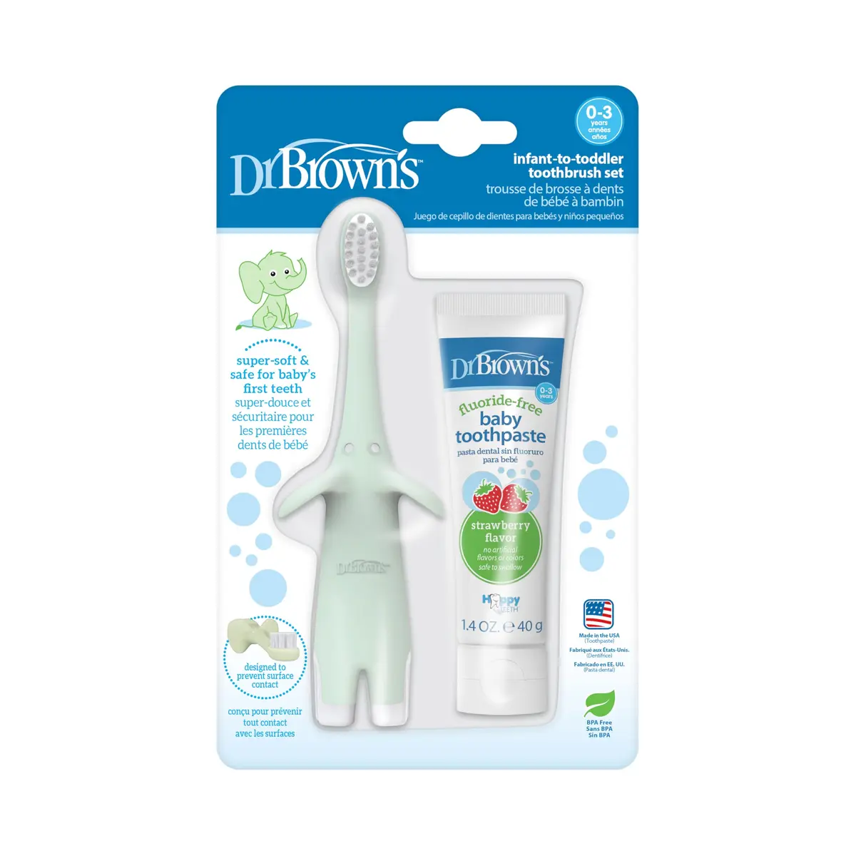 Dr. Brown's Infant-to-Toddler Toothbrush and Toothpaste Set, Mint Elephant | BPA-Free & Fluoride-Free Oral Care for Ages 0-3 - main product image