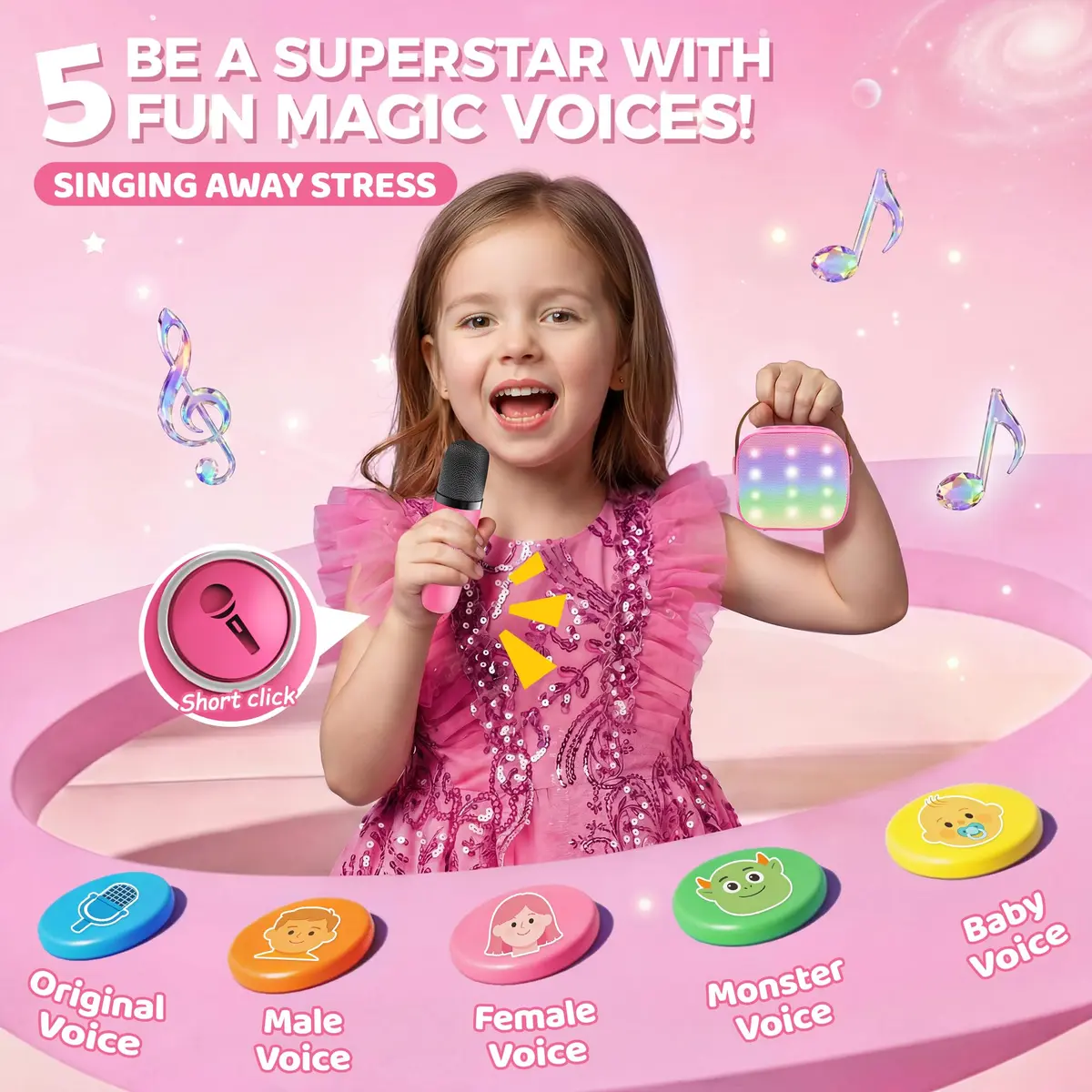 YLL Mini Karaoke Machine for Kids | Portable Bluetooth Karaoke with 2 Wireless Microphones, 5 Magic Voices, for Ages 3-12 - view 4