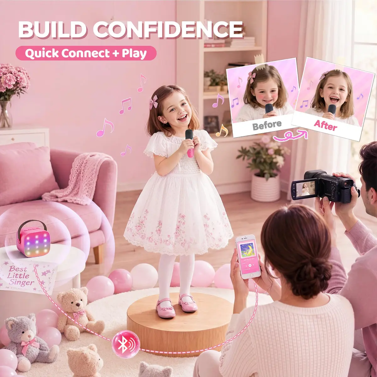 YLL Mini Karaoke Machine for Kids | Portable Bluetooth Karaoke with 2 Wireless Microphones, 5 Magic Voices, for Ages 3-12 - view 6