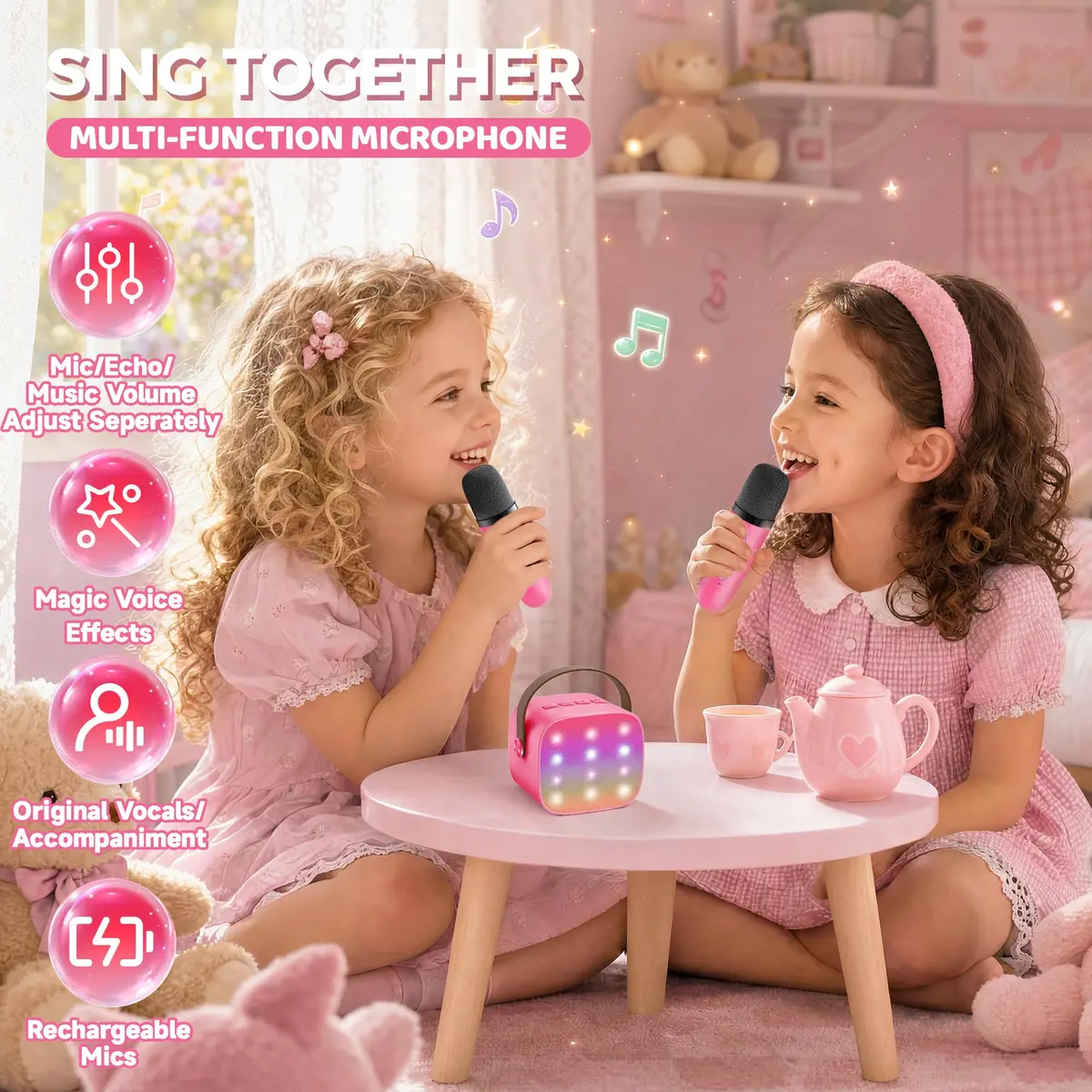 YLL Mini Karaoke Machine for Kids | Portable Bluetooth Karaoke with 2 Wireless Microphones, 5 Magic Voices, for Ages 3-12 - view 7