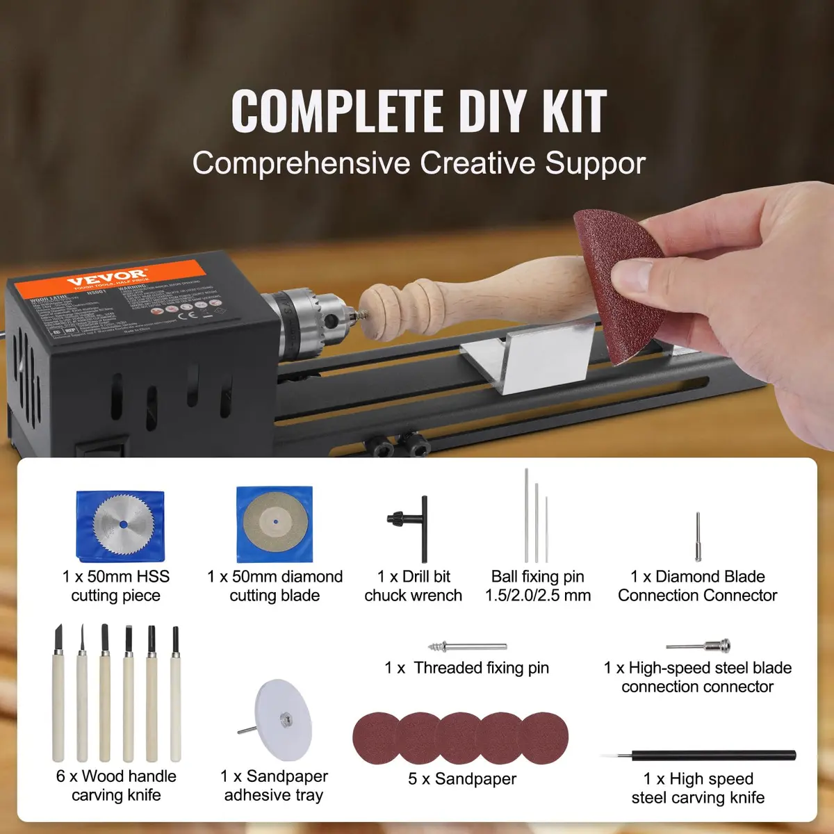 VEVOR Mini Lathe Machine 2.76 in x 6.3 in | 7 Speeds for DIY Woodworking, 96W, 24VDC, Portable & Stable (70-120c) - view 6