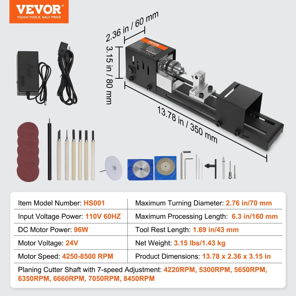 VEVOR Mini Lathe Machine 2.76 in x 6.3 in | 7 Speeds for DIY Woodworking, 96W, 24VDC, Portable & Stable (70-120c) - view 7