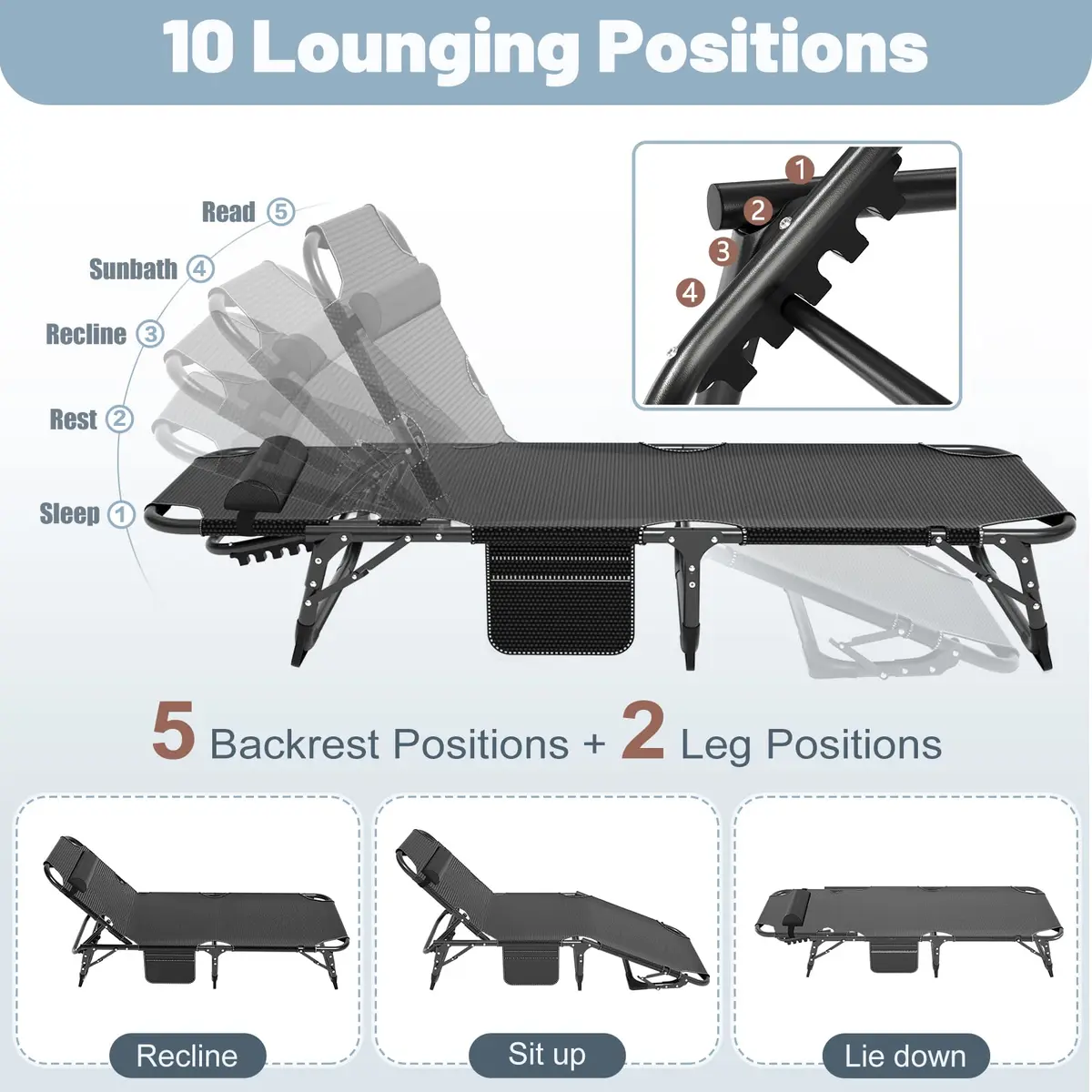 Slsy Folding Camping Cot for Adults, Adjustable Camping Bed with Pad | 5-Position Recline, 500 lb Support - view 6