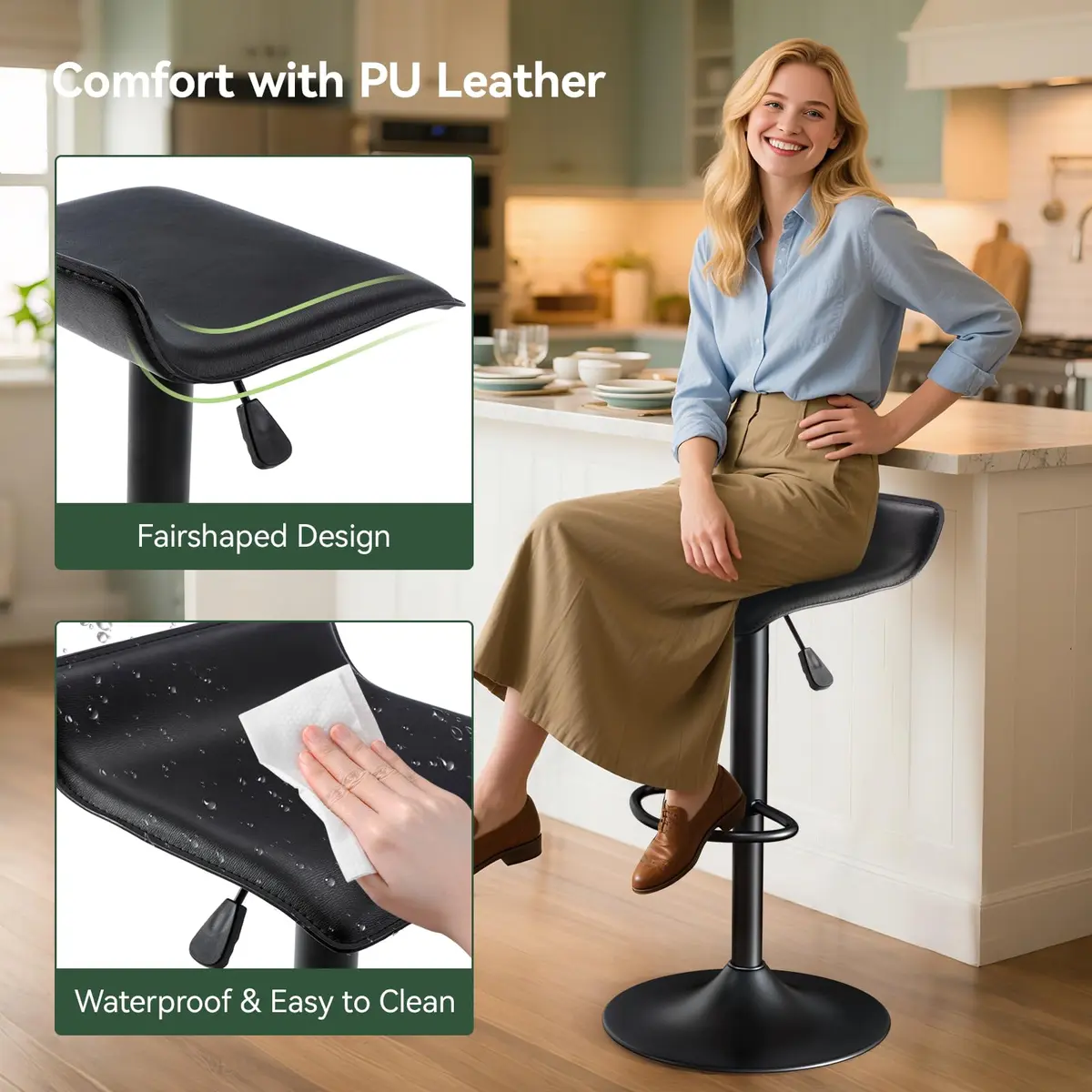 Vogue Furniture Direct PU Leather Adjustable Swivel Backless Bar Stools Set of 2 | Modern, 24-31.5 inch, Black - view 5