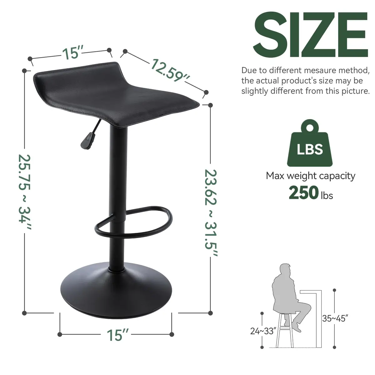 Vogue Furniture Direct PU Leather Adjustable Swivel Backless Bar Stools Set of 2 | Modern, 24-31.5 inch, Black - view 6