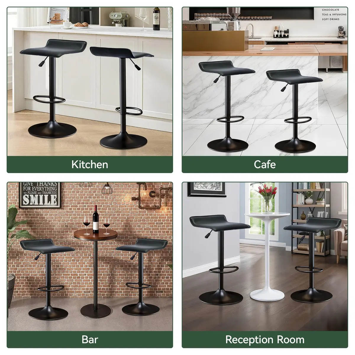 Vogue Furniture Direct PU Leather Adjustable Swivel Backless Bar Stools Set of 2 | Modern, 24-31.5 inch, Black - view 7
