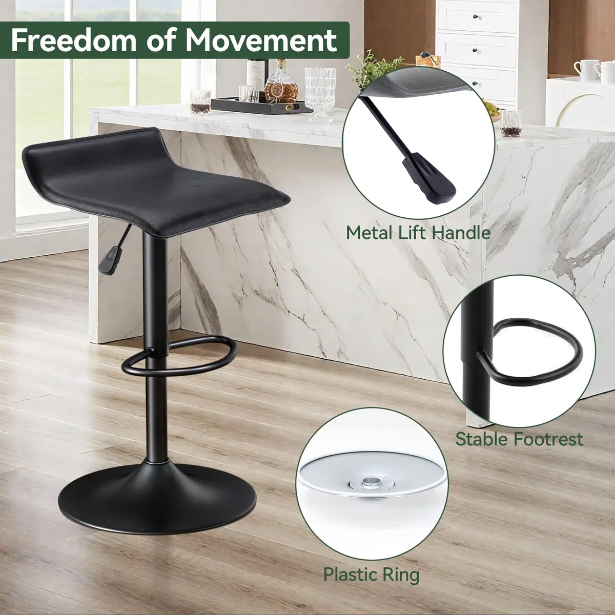 Vogue Furniture Direct PU Leather Adjustable Swivel Backless Bar Stools Set of 2 | Modern, 24-31.5 inch, Black - view 8