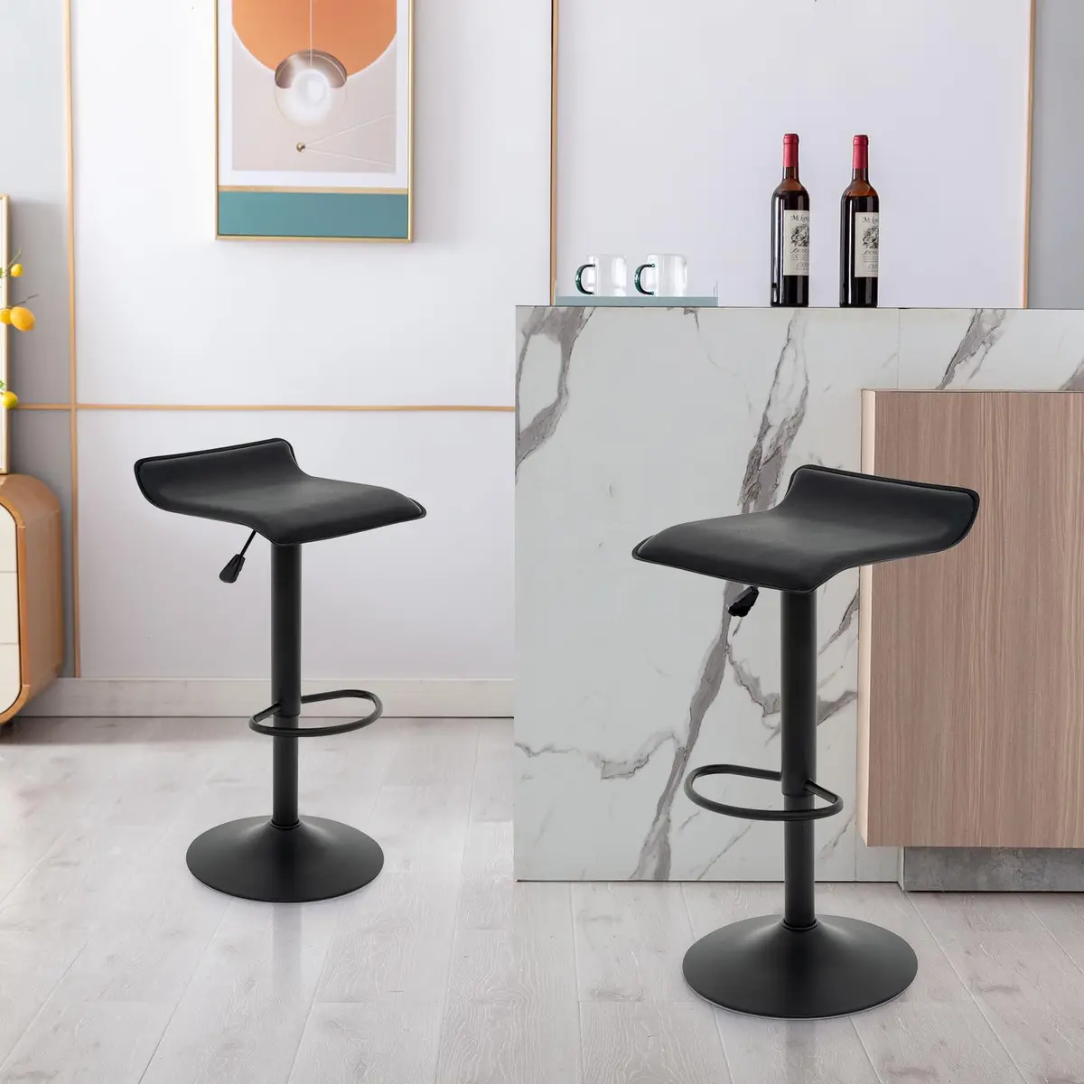 Vogue Furniture Direct PU Leather Adjustable Swivel Backless Bar Stools Set of 2 | Modern, 24-31.5 inch, Black - view 2