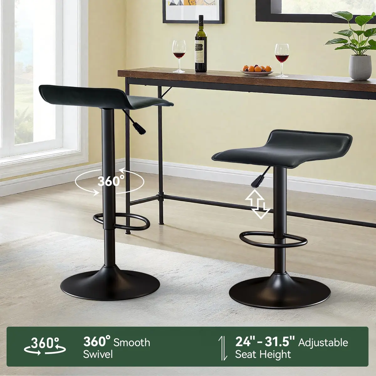 Vogue Furniture Direct PU Leather Adjustable Swivel Backless Bar Stools Set of 2 | Modern, 24-31.5 inch, Black - view 3