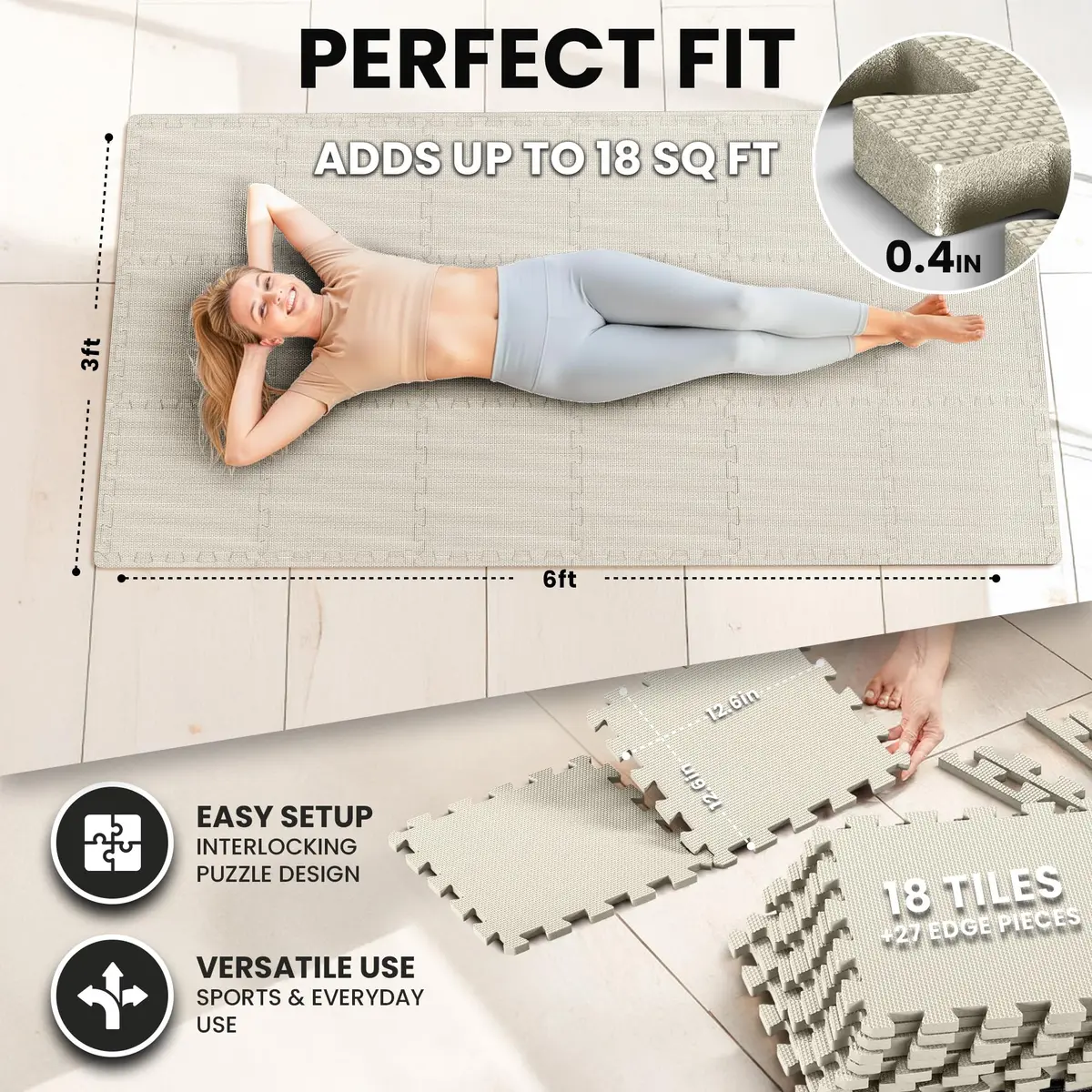 BeMaxx Interlocking EVA Foam Floor Tiles Workout Mat Set with Edge Pieces - 18 Tiles (18 sq ft), Warm Sand | Protects Floors from Scratches, Sweat & Noise - view 2