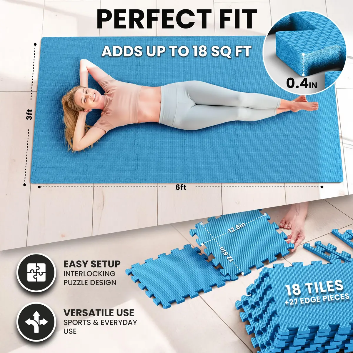 BeMaxx Interlocking EVA Foam Floor Tiles Workout Mat Set with Edge Pieces - 18 Tiles, 18 sq ft, Sky Blue | Protects Floors from Scratches, Noise & Sweat - view 2