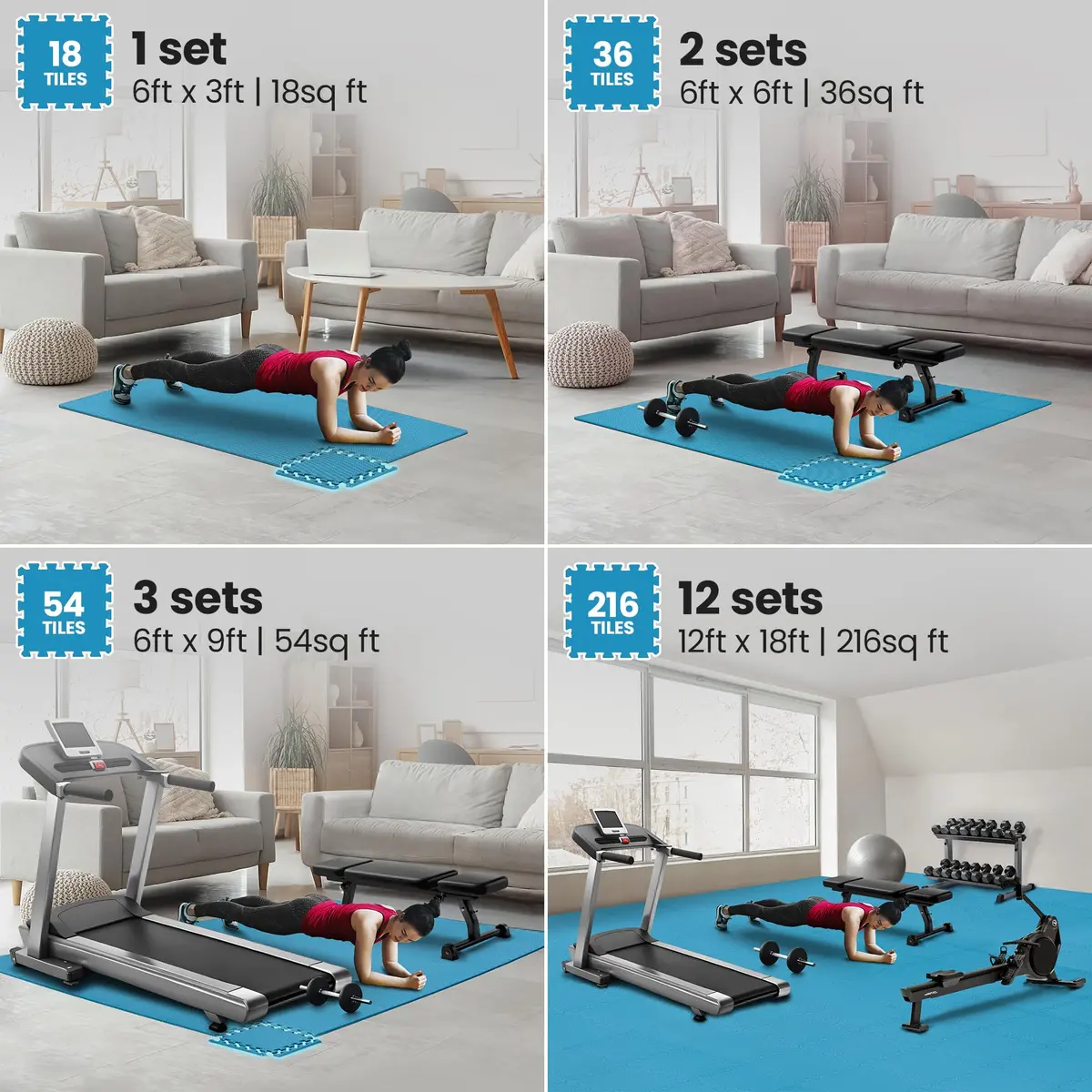BeMaxx Interlocking EVA Foam Floor Tiles Workout Mat Set with Edge Pieces - 18 Tiles, 18 sq ft, Sky Blue | Protects Floors from Scratches, Noise & Sweat - view 3