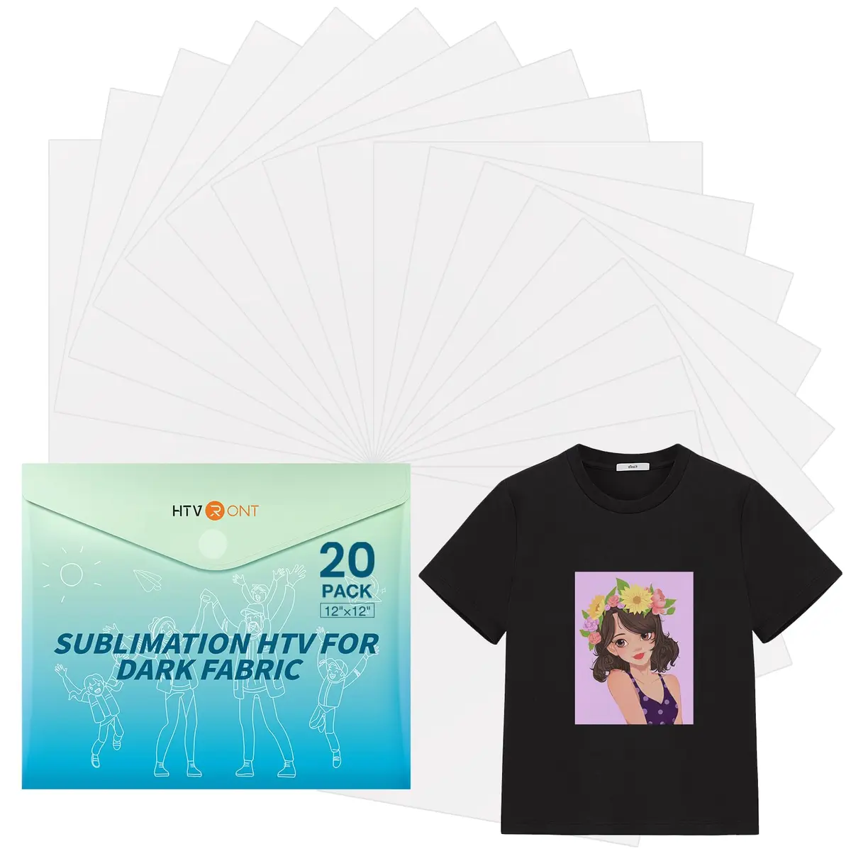 HTVRONT Sublimation HTV Sheets for Cotton Fabric Matte 12x12in (20 Pack) | Vivid Colors on Dark & Light Cotton - main product image