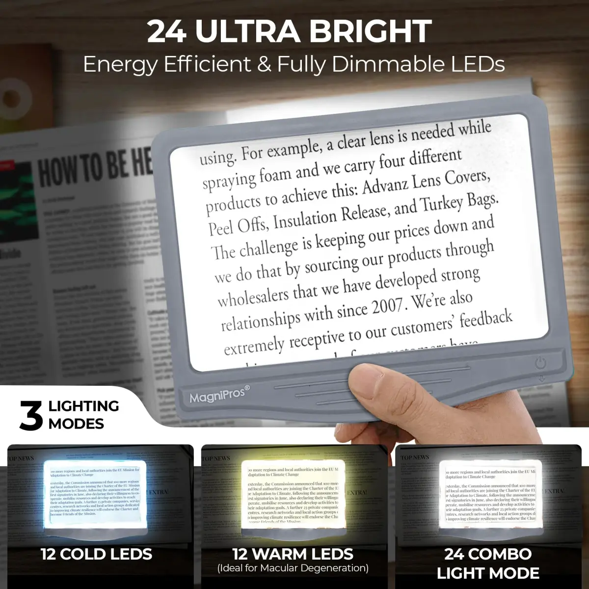 MagniPros 5X Large LED Page Magnifier with Stand 15.6 cm (6.14 in) | Eye-Caring Light Modes for Low Vision Seniors - view 4