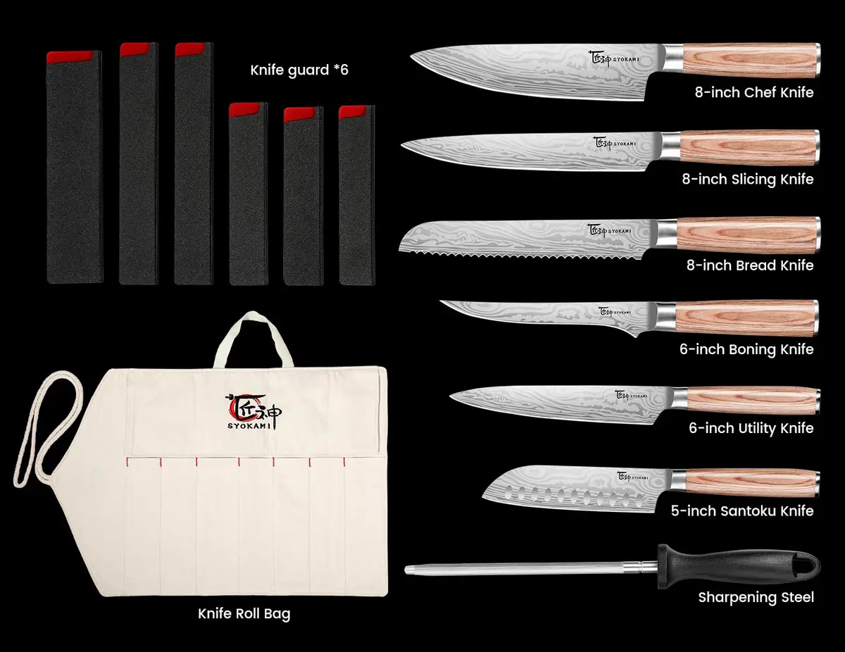 SYOKAMI 14pcs Chef Knife Set with Roll Bag | Japanese High Carbon Steel, Pakkawood Handles, Travel & Outdoor Ready - view 6
