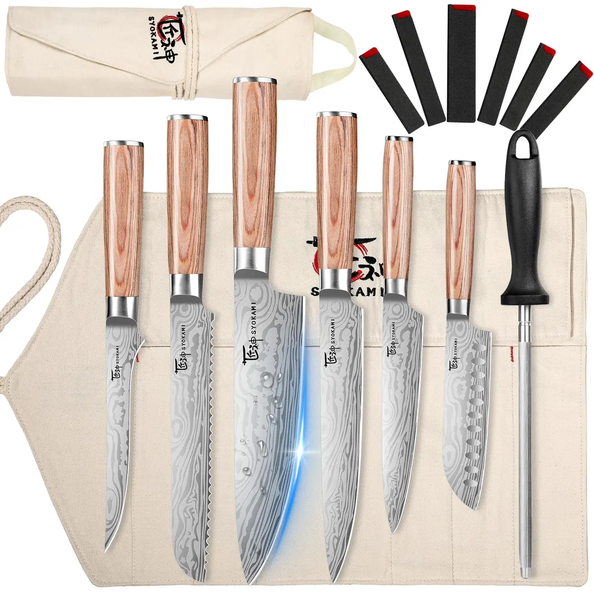 SYOKAMI 14pcs Chef Knife Set with Roll Bag | Japanese High Carbon Steel, Pakkawood Handles, Travel & Outdoor Ready - main product image
