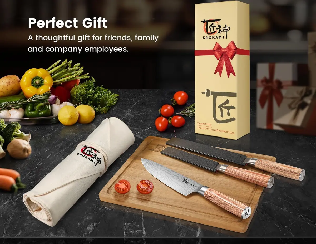 SYOKAMI 14pcs Chef Knife Set with Roll Bag | Japanese High Carbon Steel, Pakkawood Handles, Travel & Outdoor Ready - view 7
