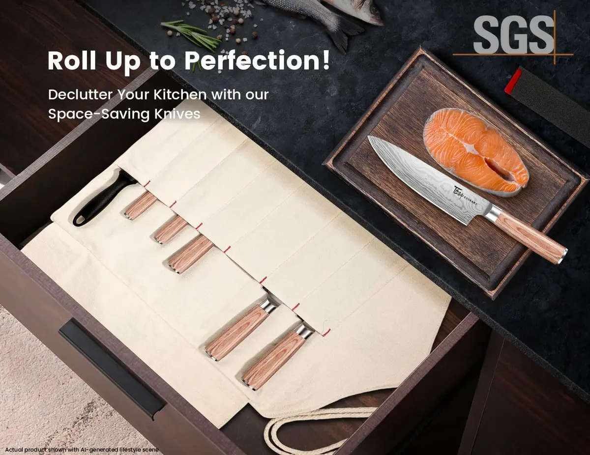 SYOKAMI 14pcs Chef Knife Set with Roll Bag | Japanese High Carbon Steel, Pakkawood Handles, Travel & Outdoor Ready - view 2