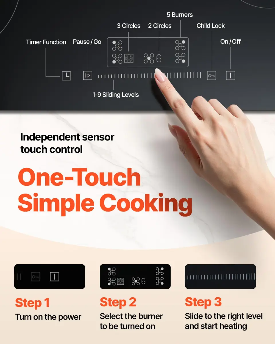 VEVOR 30-inch 5-Burner Electric Cooktop 8600W 220-240V | Radiant Glass Surface with Sensor Touch Controls & Timer - view 5