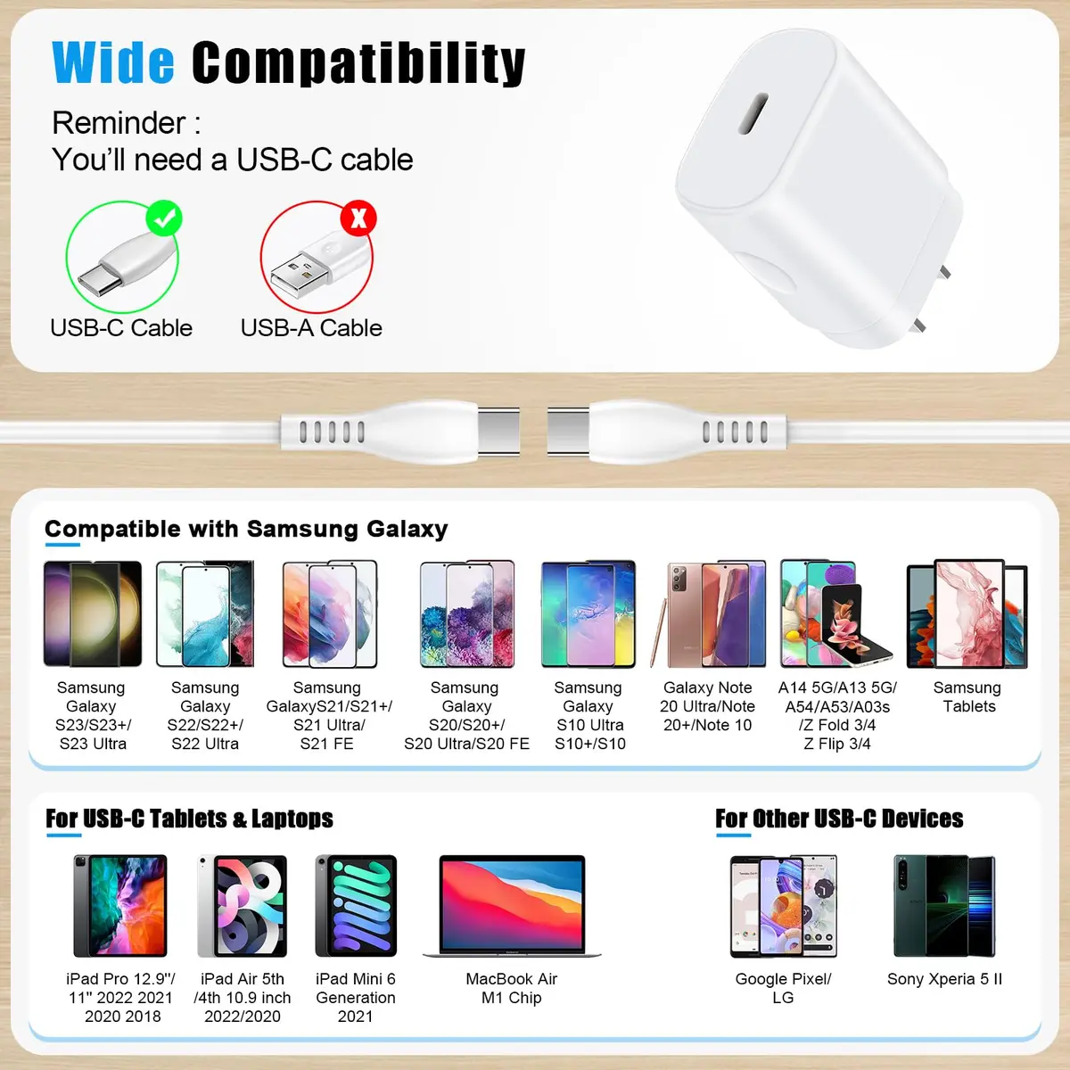 VIFIGEN 25W USB-C Charger with 6FT Cable | Fast Charging for Samsung & Pixel Phones - view 5