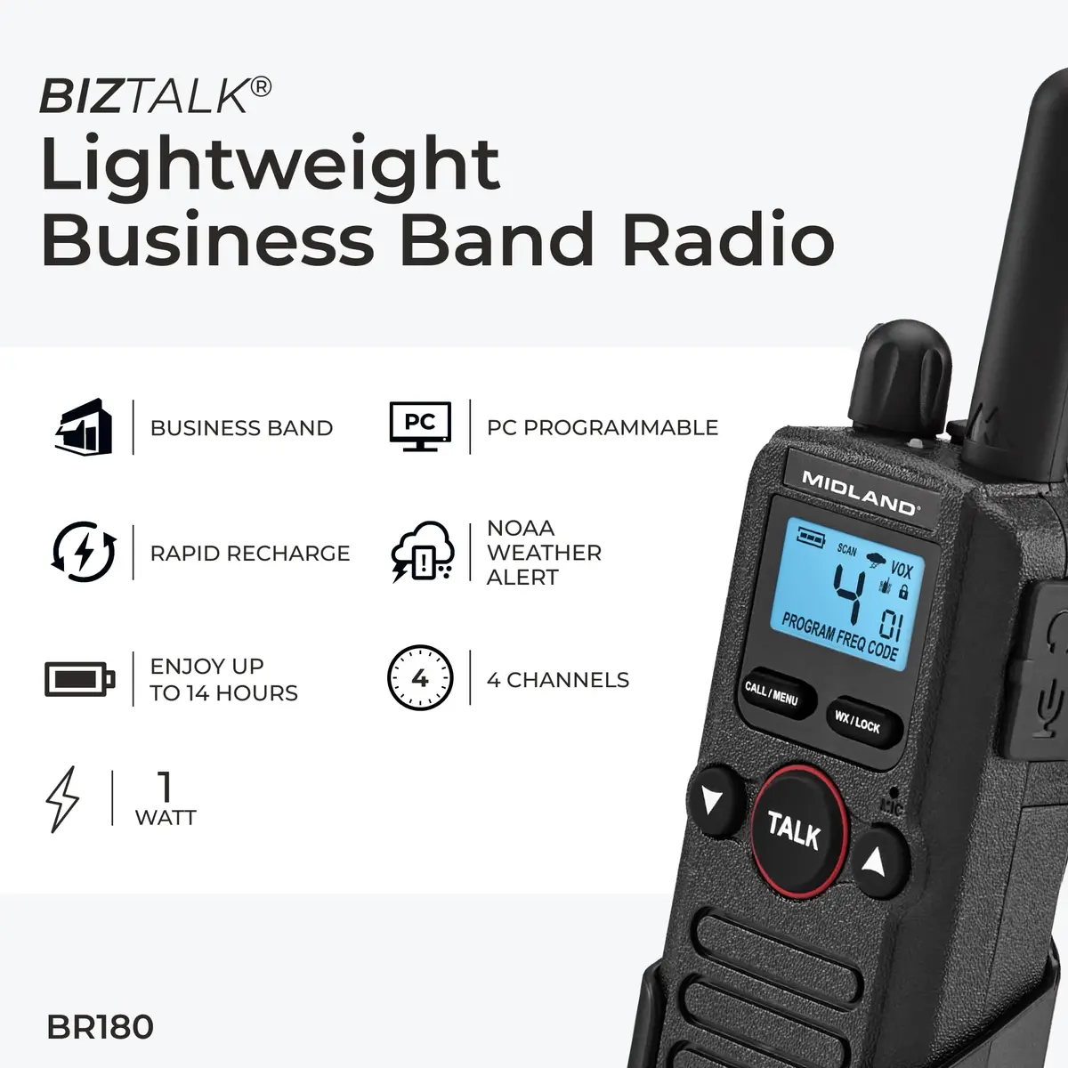 Midland BR180 BizTalk UHF Two-Way Radio 1W | 56 Channels, Black, 1 Pack - view 3