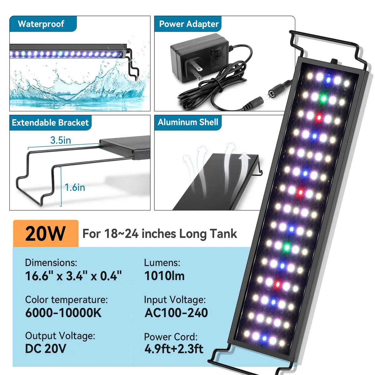 hygger Full Spectrum Aquarium LED Light 20W 55cm (21.6in) | 24/7 Day-Night Cycle, Timer, Dimmable, WRGB LEDs for 18-24 inch Tanks - view 6