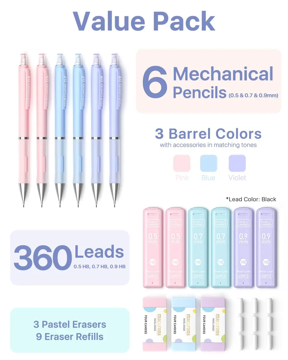 Four Candies Pastel Mechanical Pencil Set with Case, 3 Sizes (0.5mm, 0.7mm, 0.9mm) | 360 Leads, 3 Erasers, 9 Refills - view 6