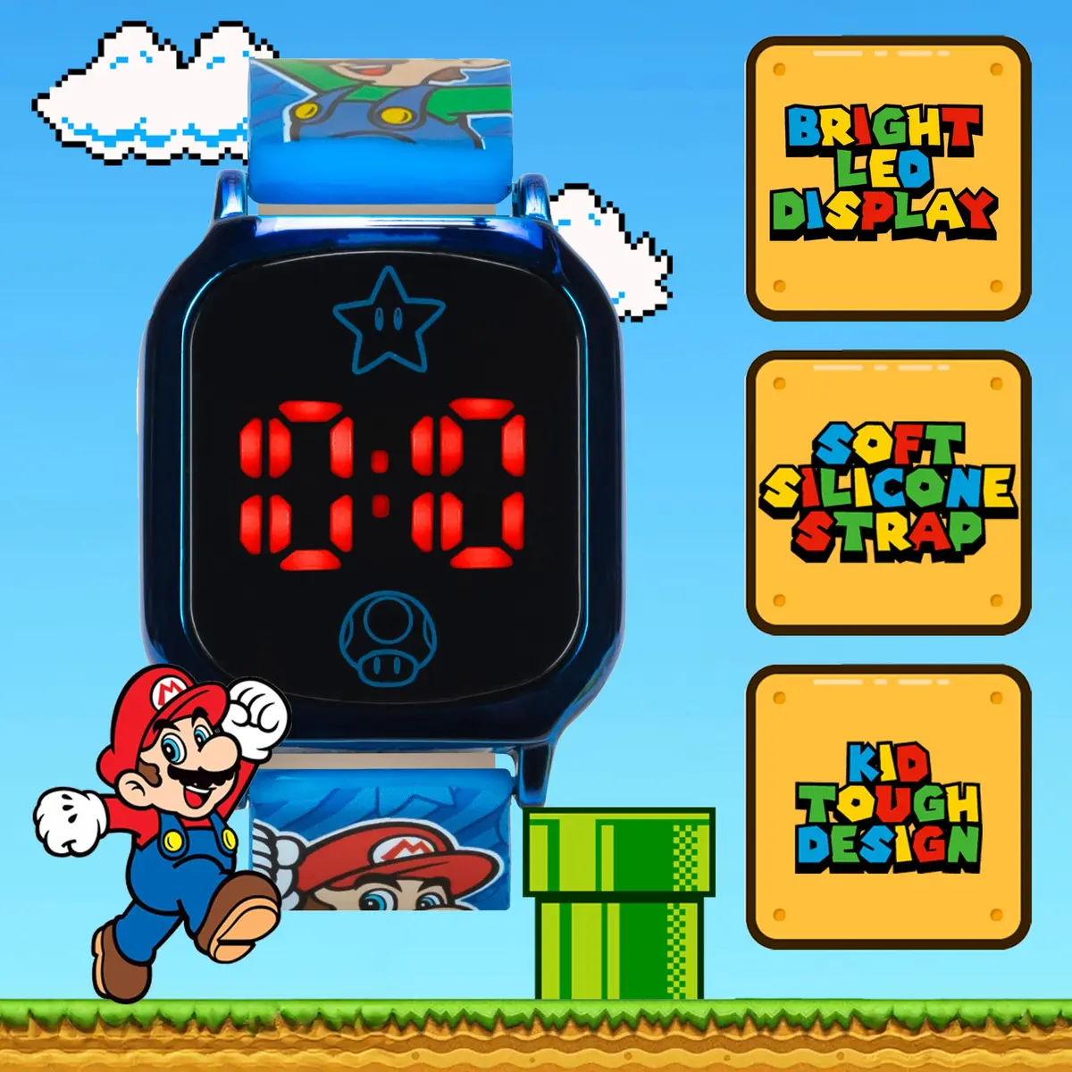 Accutime Super Mario Kids Digital Watch 20mm Blue Silicone Strap | Touch-Activated LED, Fun Mario & Luigi Design (70-120 chars) - view 2