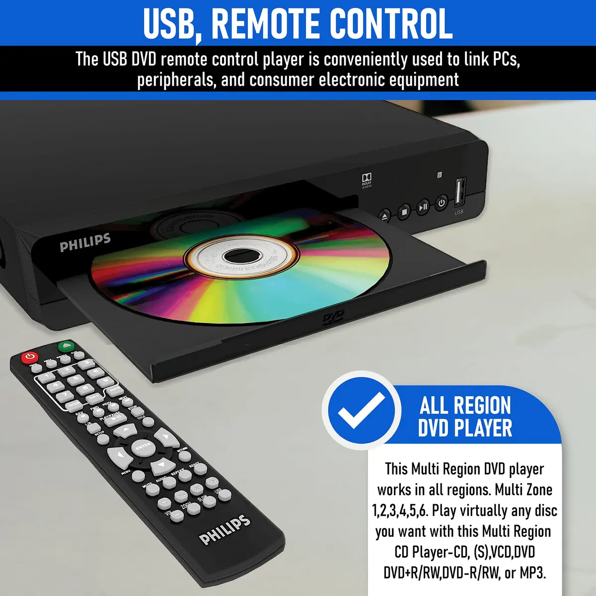 Philips All-Region DVD Player with RCA Cable & Remote | Plays CD, DVD, DVD±R/RW, MP3 (Black) - view 6