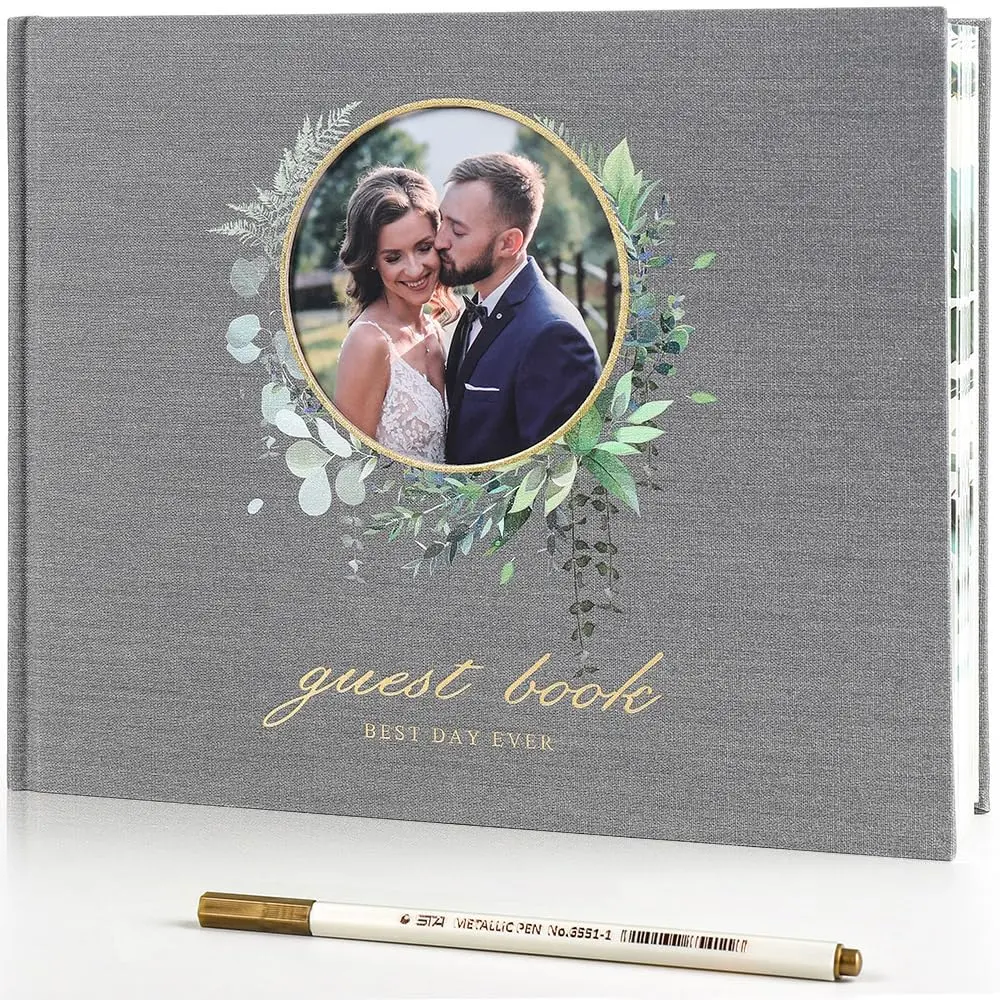 molekaus Wedding Guest Book Hardcover 8" x 10" (20.3 x 25.4 cm) with Photo Frame & Pen | Retro Linen Design for 100+ Guests - main product image