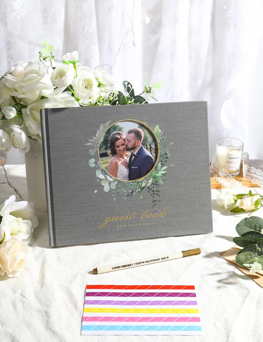 molekaus Wedding Guest Book Hardcover 8" x 10" (20.3 x 25.4 cm) with Photo Frame & Pen | Retro Linen Design for 100+ Guests - view 5