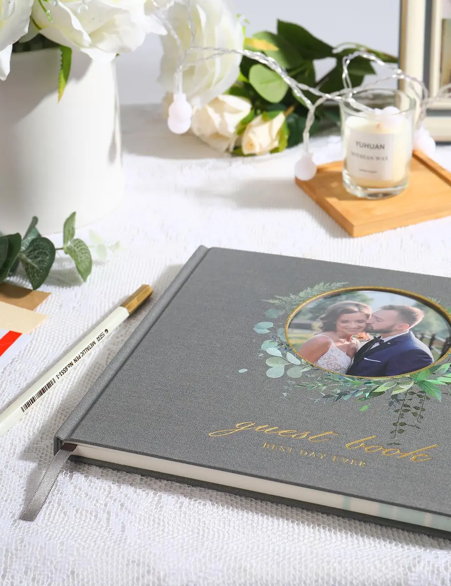molekaus Wedding Guest Book Hardcover 8" x 10" (20.3 x 25.4 cm) with Photo Frame & Pen | Retro Linen Design for 100+ Guests - view 6