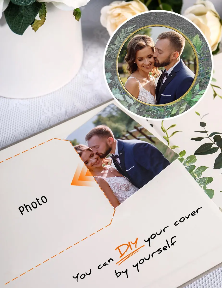 molekaus Wedding Guest Book Hardcover 8" x 10" (20.3 x 25.4 cm) with Photo Frame & Pen | Retro Linen Design for 100+ Guests - view 2