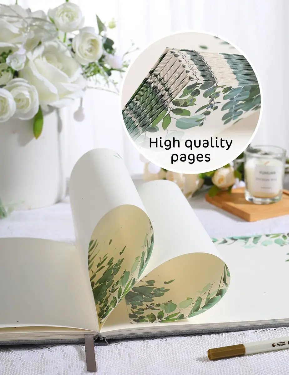 molekaus Wedding Guest Book Hardcover 8" x 10" (20.3 x 25.4 cm) with Photo Frame & Pen | Retro Linen Design for 100+ Guests - view 3