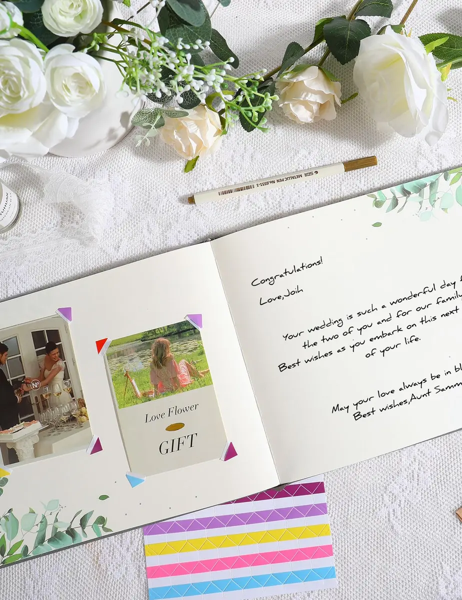 molekaus Wedding Guest Book Hardcover 8" x 10" (20.3 x 25.4 cm) with Photo Frame & Pen | Retro Linen Design for 100+ Guests - view 4