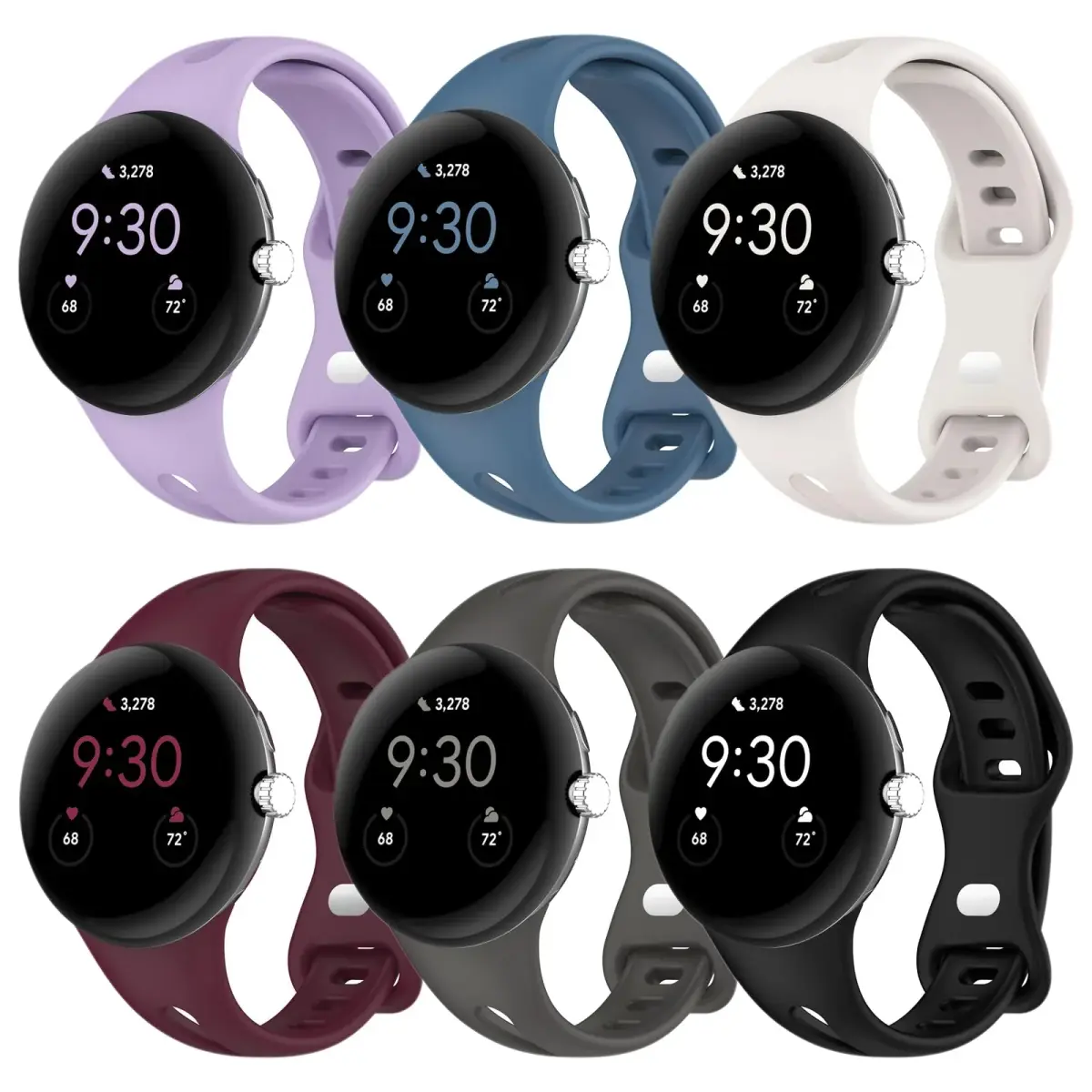 Eiavike Slim Silicone Watch Bands for Google Pixel Watch (41mm) - 6-Color Pack: Lavender, Blue, Starlight, Burgundy, Grey, Black - main product image