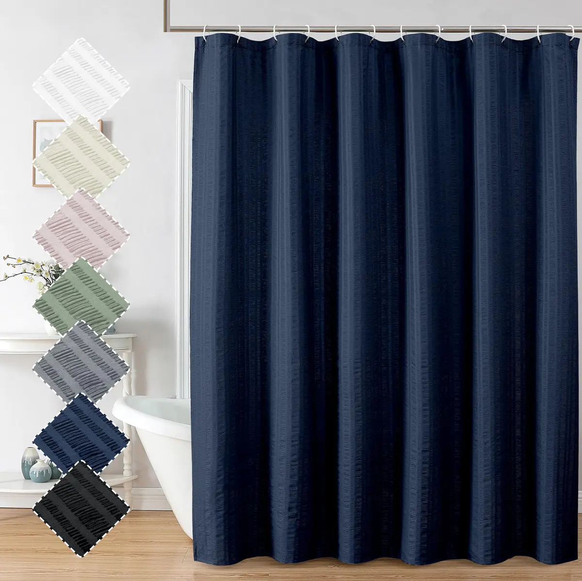Aiyufeng Moga Navy Blue Fabric Shower Curtain 72x72 | Hotel Spa Polyester Cloth with 12 Holes - main product image