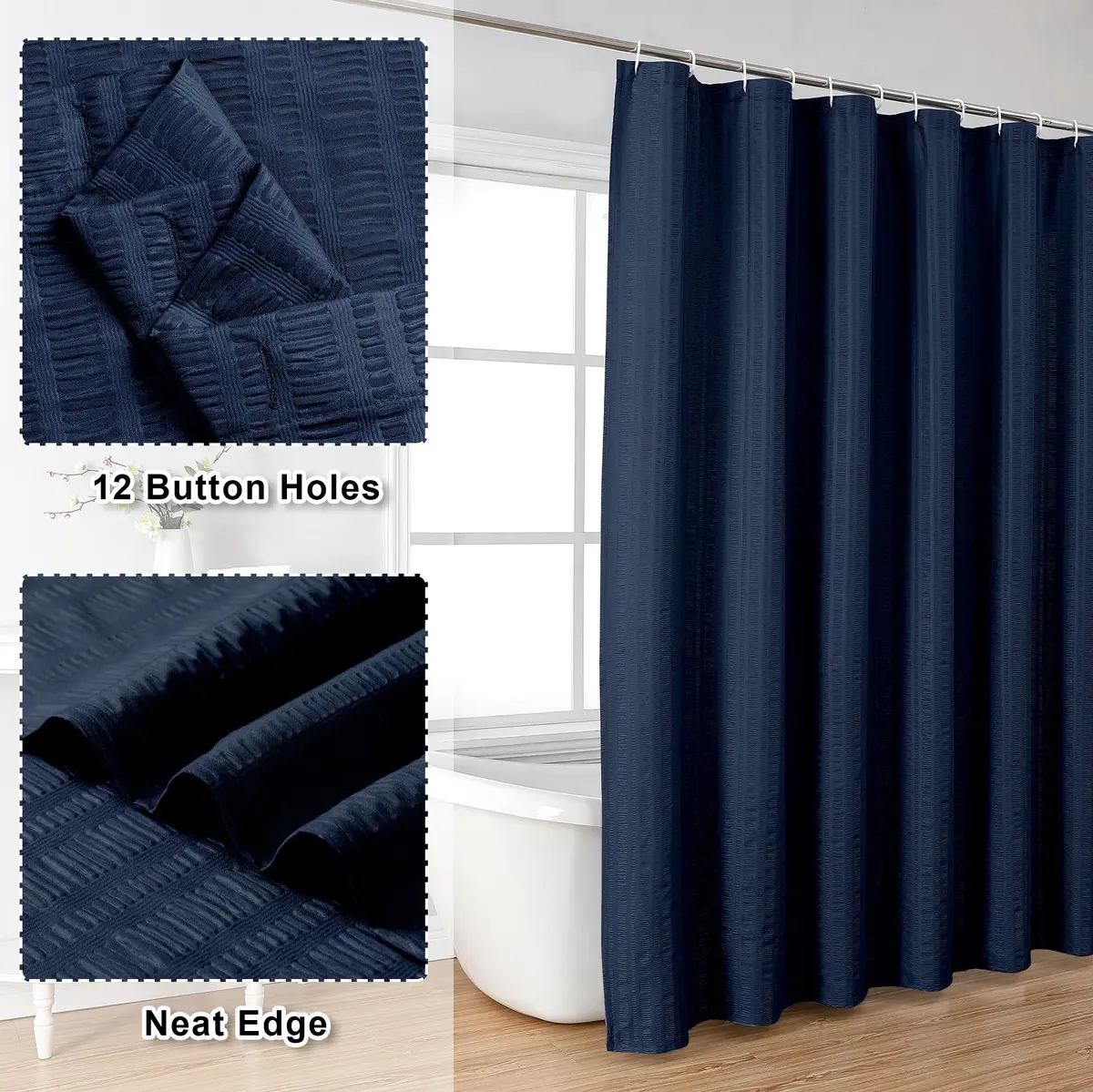 Aiyufeng Moga Navy Blue Fabric Shower Curtain 72x72 | Hotel Spa Polyester Cloth with 12 Holes - view 2