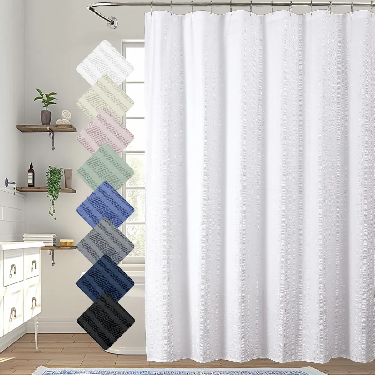 Aiyufeng Extra Long White Shower Curtain 96 Inch | Embossed Texture Fabric Bathroom Decor - main product image