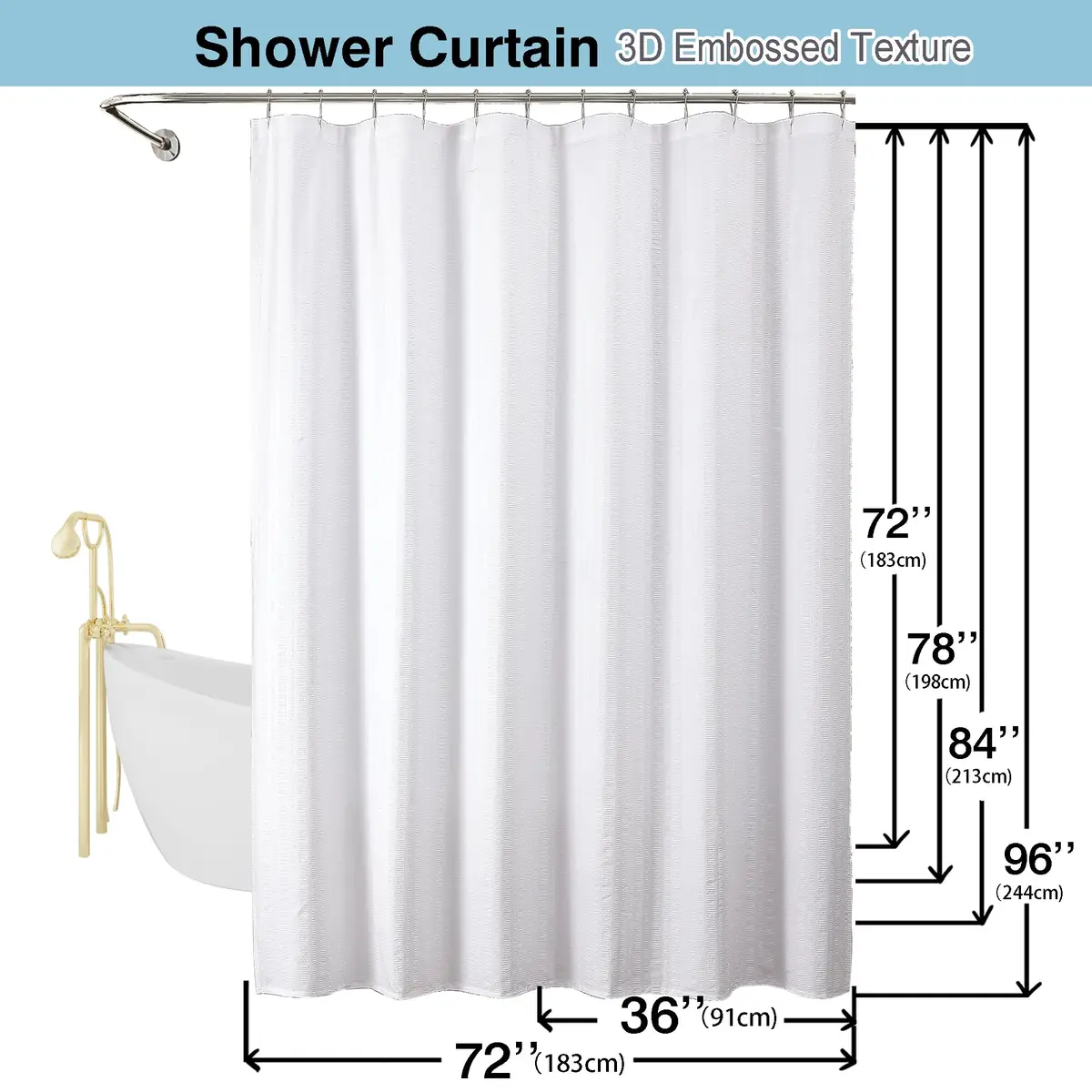 Aiyufeng Extra Long White Shower Curtain 96 Inch | Embossed Texture Fabric Bathroom Decor - view 8